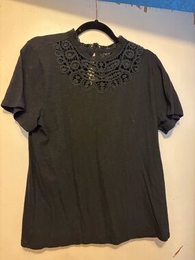 LOFT Black Crochet-Trim Short Sleeve Top